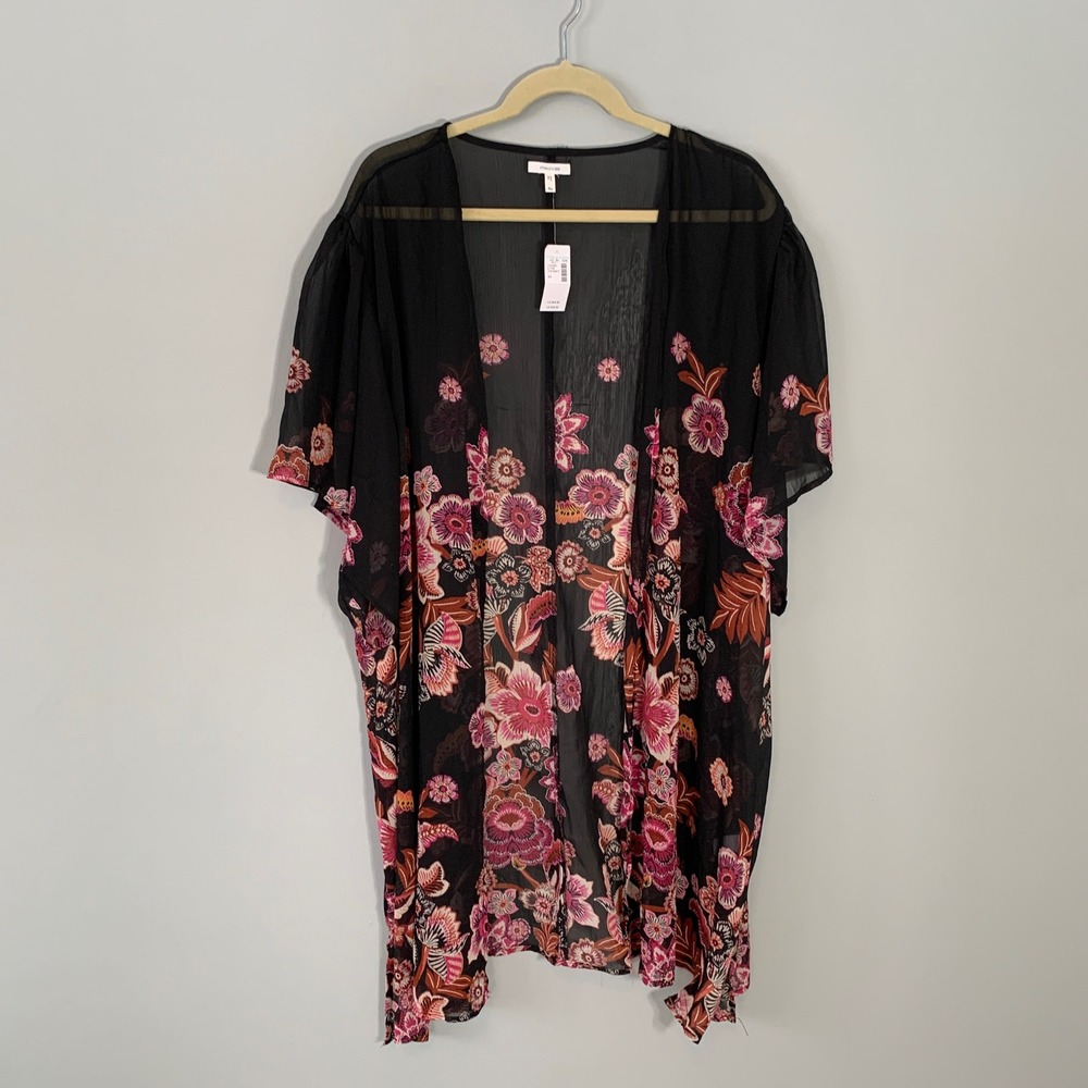 NEW Maurices Womens 4X Black Floral‎ Sheer Kimono Wrap Open Front Cardigan